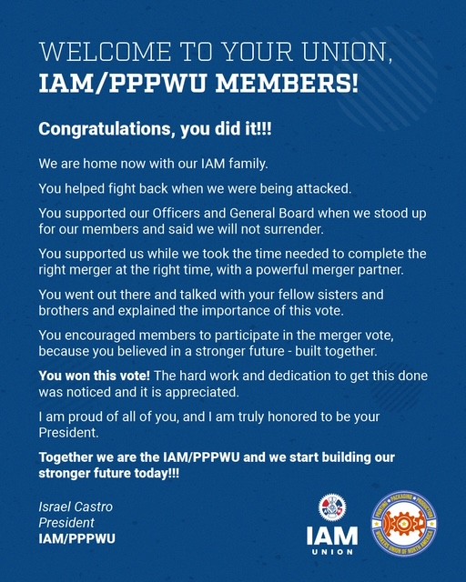 PPPWU Members Overwhelmingly Vote to Join Strengthening IAM Union, Become IAM/PPPWU